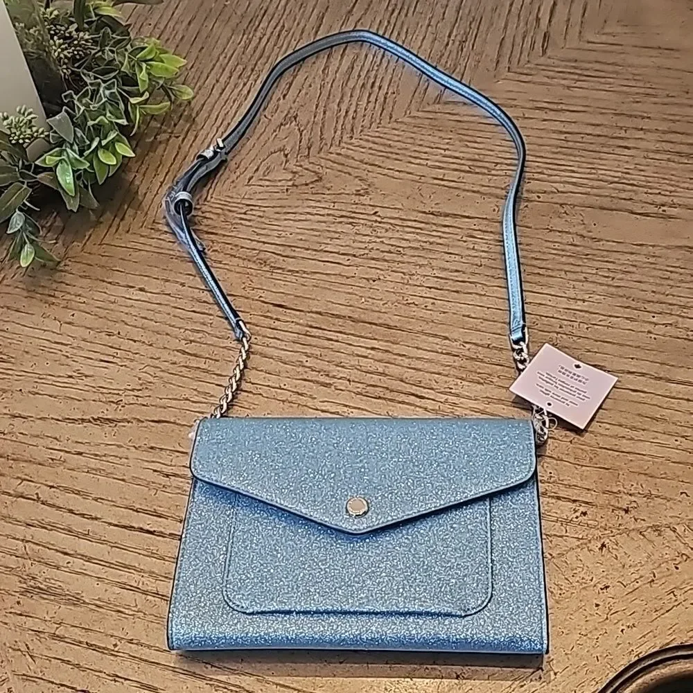 Kate Spade tinsel flap crossbody sparkly blue bag NWT